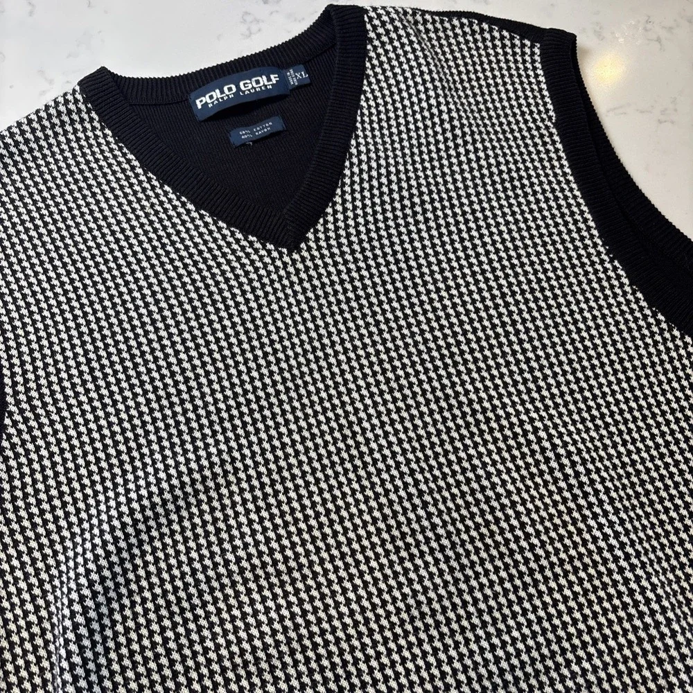 Ralph Lauren Polo Golf Sweater Vest Cotton Houndstooth Black‎ White Grandpa XL